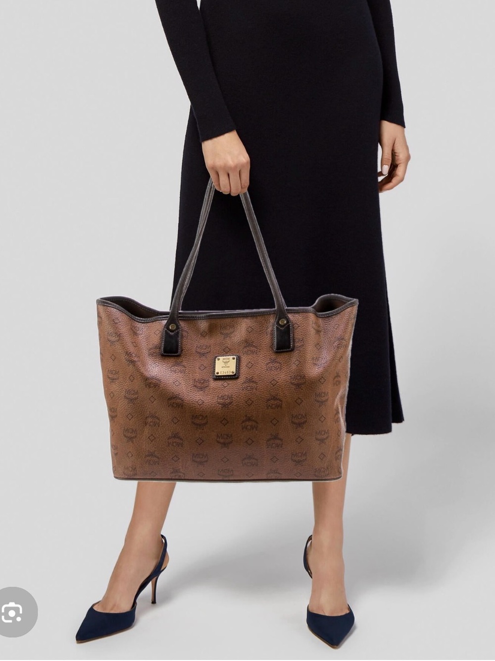 MCM Brown Visetos Logo Tote with Bone Charm